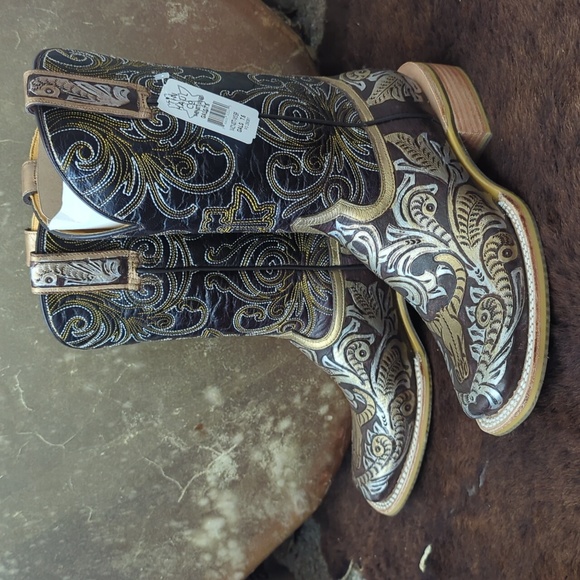 TIN HAUL "Golden Horns" cowgirl western boots square toe "what the fox" sole 7.5 - Picture 4 of 16